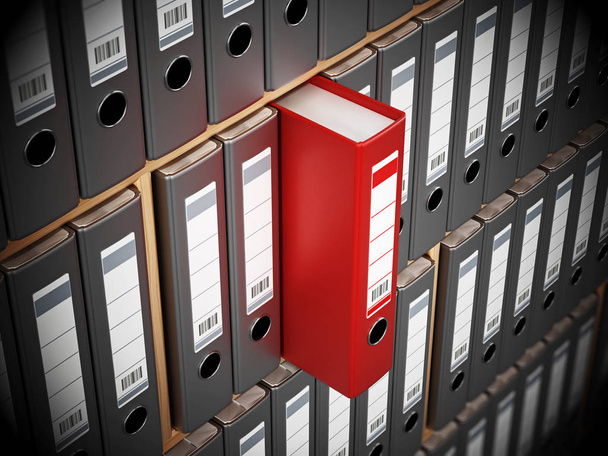 Red folder standing out among black ones inside wooden shelves. 3D illustration - Photo, Image