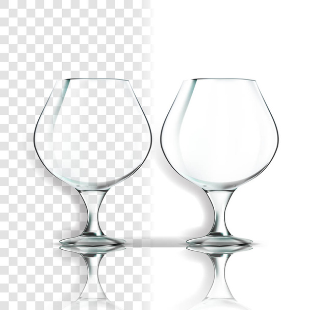 透明なガラスのベクトル。空の透明なガラスのカップ。水、ドリンク、ワイン、アルコール、ジュース、カクテルの現実的な輝くガラス透明性図 - ベクター画像