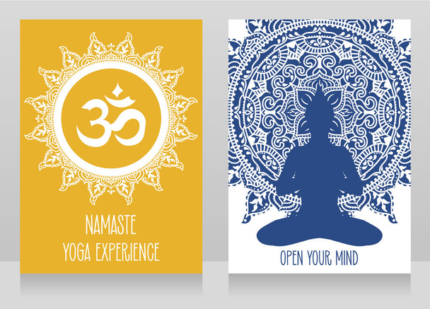 zwei Karten mit om-Symbol in ethnischem Mandala und Buddha-Silhouette, für Yoga-Studio verwendbar, Vektor-Illustration - Vektor, Bild