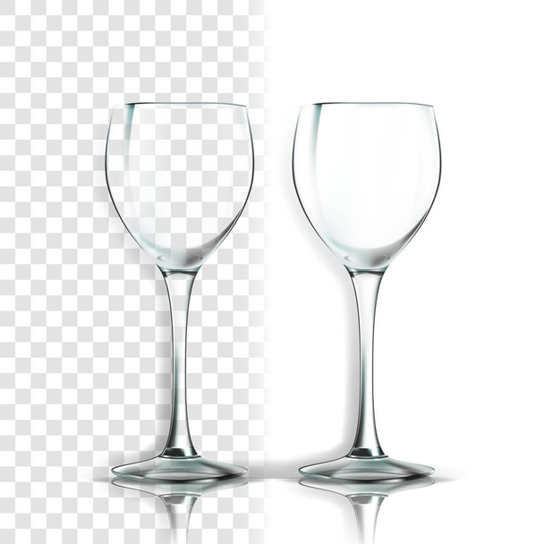 透明なガラスのベクトル。キッチン デザイン。空の透明なガラスのカップ。水、ドリンク、ワイン、アルコール、ジュース、カクテルの現実的な輝くガラス透明性図 - ベクター画像