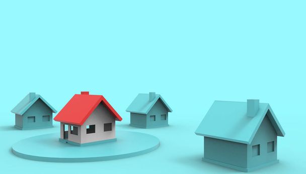 Mini casa-propiedad roja y negocio residencial en el artístico y el concepto con tonos de color pastel azul / 3d render
 - Foto, imagen