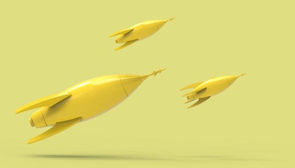 背景にトーンの黄色のパステル カラーとロケット グループ-紙のアート スタイル/3 d レンダリング - 写真・画像