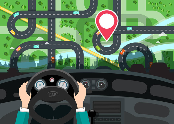 Řidičské auto koncept s rukama na volantu a mapa města s červenou cílové Pin za oknem - Gps navigace vektorový Design - Vektor, obrázek