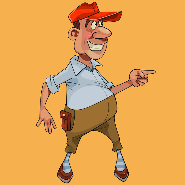 cartoon joyful pot bellied man in a cap points his finger - ベクター画像