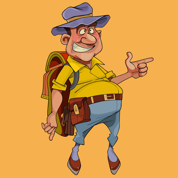 cartoon cheerful pot bellied male tourist with backpack - Vektor, obrázek