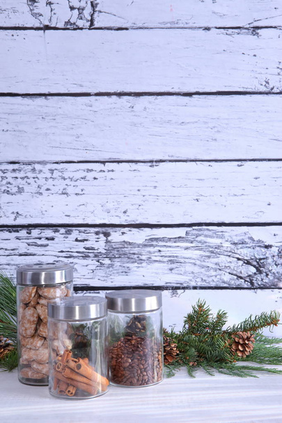 Christmas composition on grey wooden background - Фото, зображення