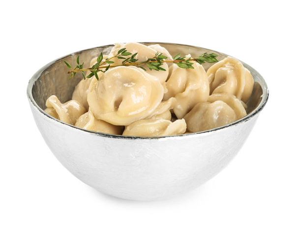 Bowl with tasty dumplings on white background - Photo, Image