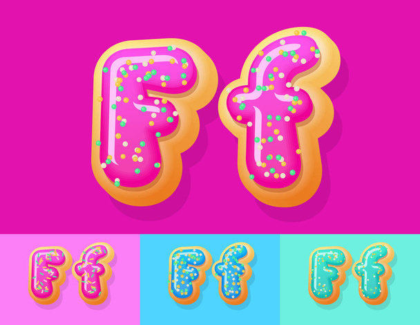 Vector tasty Donut Alphabet set. Font with different Colors option. Sweet Letter F - Vektör, Görsel
