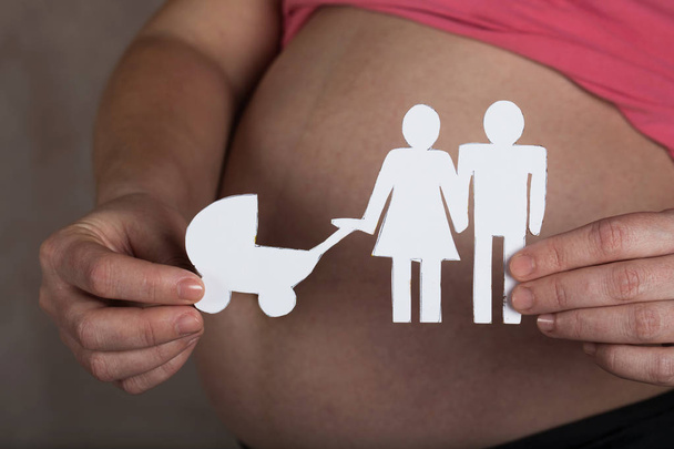junge schwangere Frau bewahrt Papierausschnitte einer Familie auf. Nahaufnahme - Foto, Bild