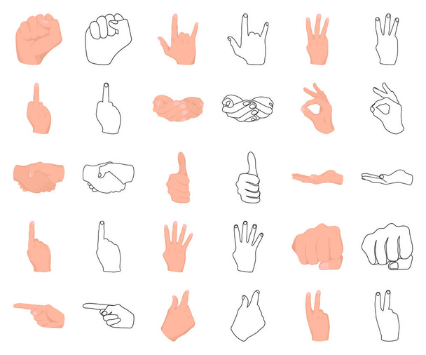 Hand gebaar tekenfilm, overzicht pictogrammen in set collectie voor design. Palm en vinger symbool voorraad web vectorillustratie. - Vector, afbeelding