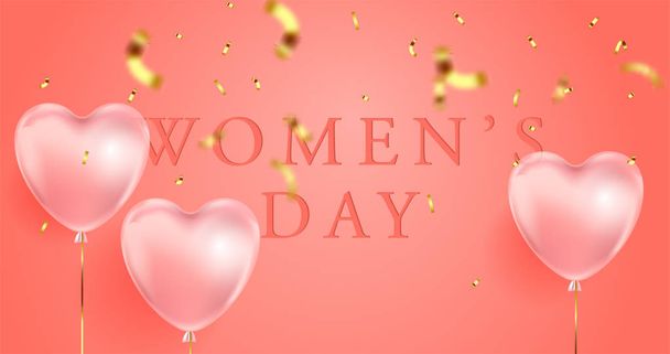 coral color background, beautiful realistic 3D balloons in the shape of a heart and confetti, a voucher, advertising discounts, a website banner for women's day. 8 march illustration - Vektor, obrázek