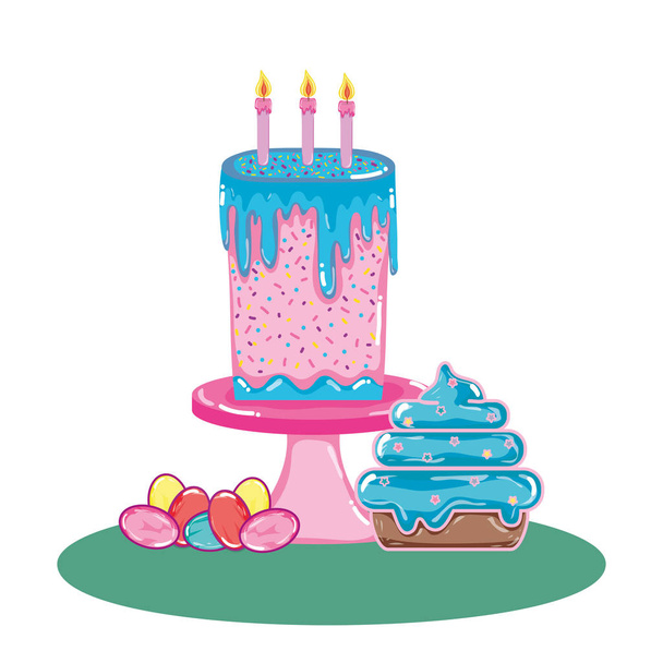 heerlijke cake met kaarsen en zoete muffin - Vector, afbeelding