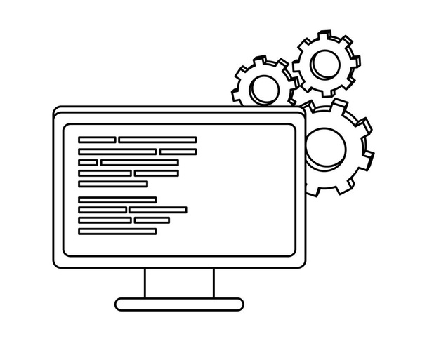 Industrieausrüstung und Computer mit Codeprogramm skizzieren - Vektor, Bild