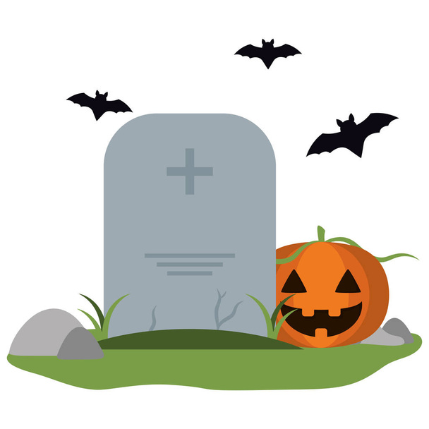 Tombstone and pumpkin with bats - Вектор, зображення