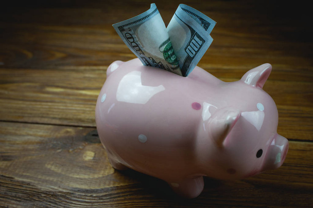 Pink piggy bank and money  - Фото, зображення