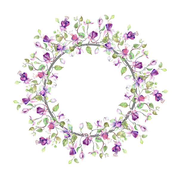 Purple fuchsia bouquet. Floral botanical flower. Watercolor background illustration set. Frame border ornament square. - Foto, afbeelding