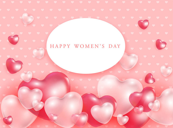 Happy Women's day gift card with red and pink 3d heart shapes transparent balloons - vector illustration of romantic. Beautiful love festive poster for 8 march. - Вектор, зображення