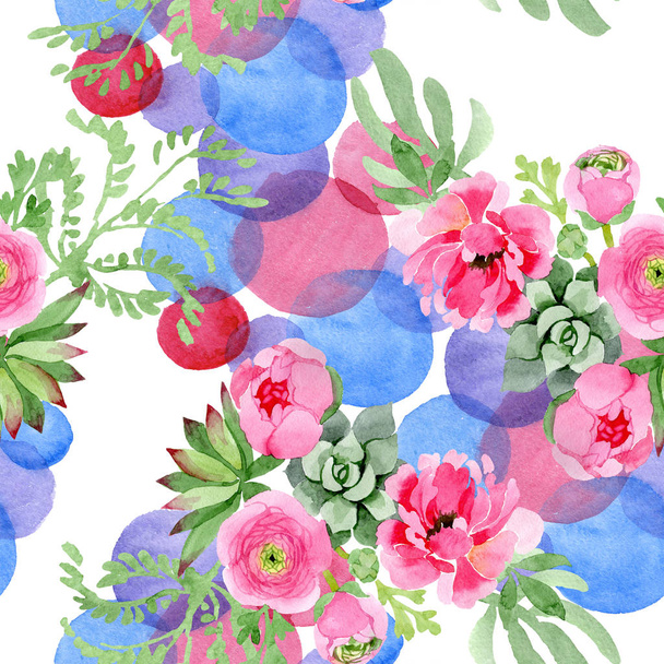 Pink ranunculus floral botanical flowers. Watercolor background illustration set. Seamless background pattern. - Фото, изображение