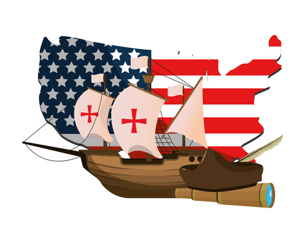 ABD bayrağı harita ile gemi ve monoküler - Vektör, Görsel