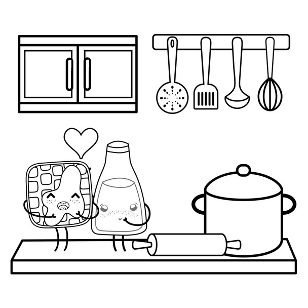 Siyah beyaz mutfak ve gıda kawaii karikatürler - Vektör, Görsel