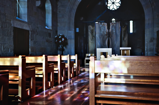 Church wooden chairs close up shining with light - Foto, Imagem