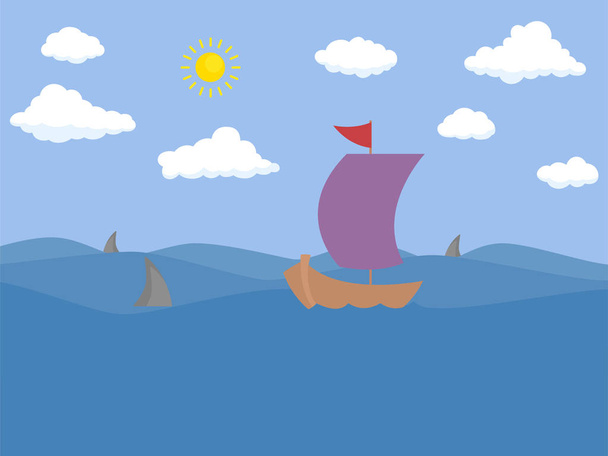 boat on ocean concept, flat design icon objects vector on sea background. - Vetor, Imagem