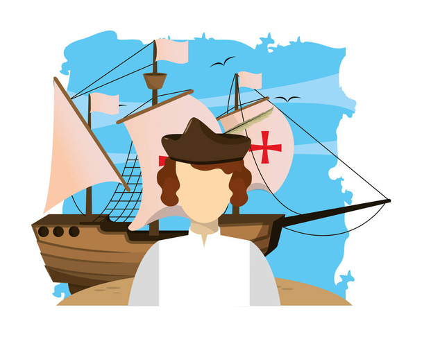 homem usando chapéu e navio com velas cruz
 - Vetor, Imagem