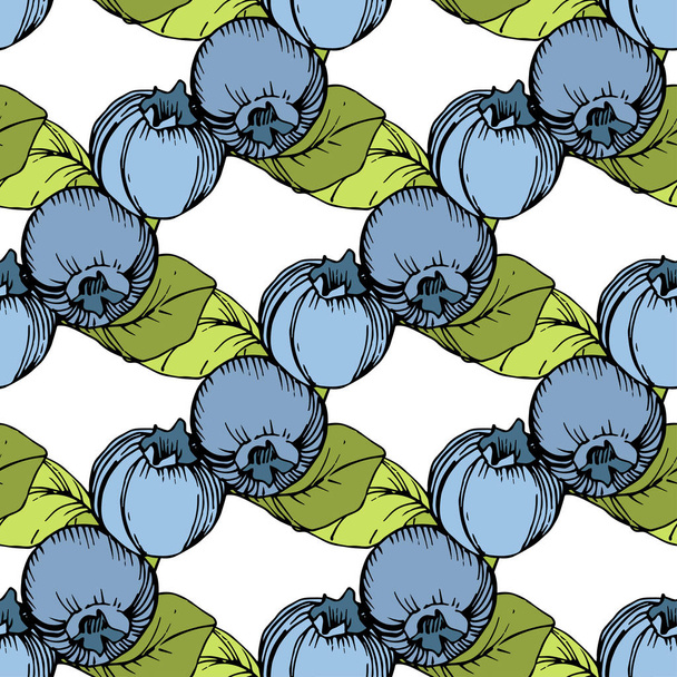 Vector Blueberry green and blue engraved ink art. Berries and green leaves. Seamless background pattern. - Vector, Image