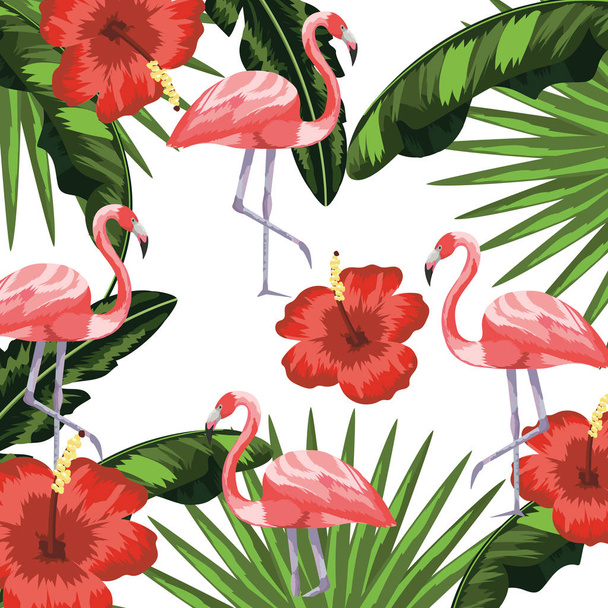 Aves exóticas y hojas tropicales de fondo
 - Vector, imagen