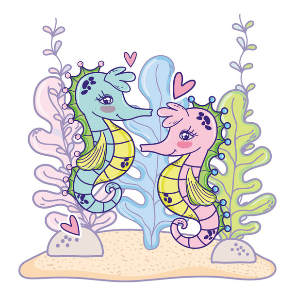 hippocampes couples d'animaux avec des coeurs et des algues
 - Vecteur, image