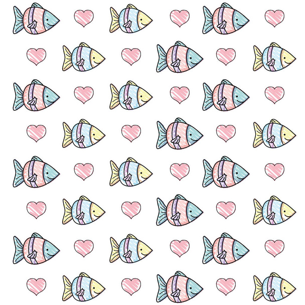 grated tropical fish animal and heart background - Vector, Image