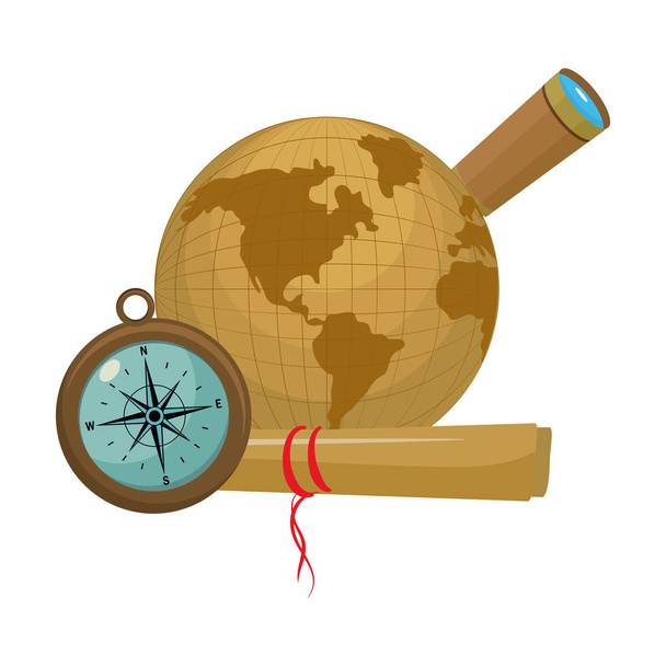cirkel wereldkaart met kompas en monoculaire - Vector, afbeelding