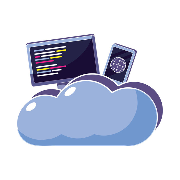 computer and smartphone with cloud data center - Vector, Image