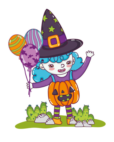 happy gril with pumpkin costume and balloons - Vector, Image