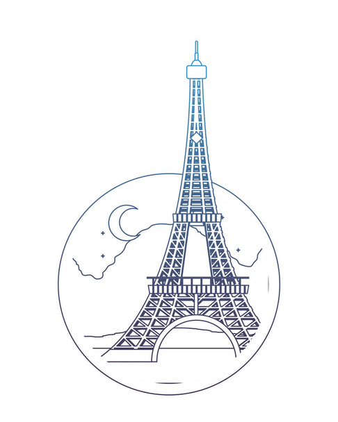 Деградировавшая линия Эйфелевой башни Париж ночью с луной
 - Вектор,изображение