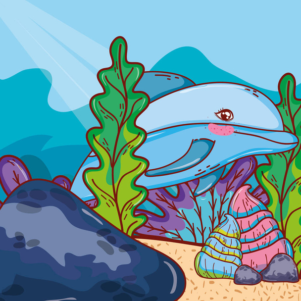 Дельфин животных с раковинами и водорослями растений
 - Вектор,изображение