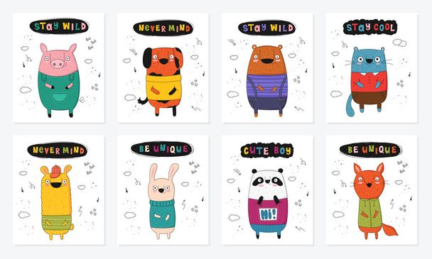 Vector poster collection with cartoon funny animals and hipster  - Vector, Image