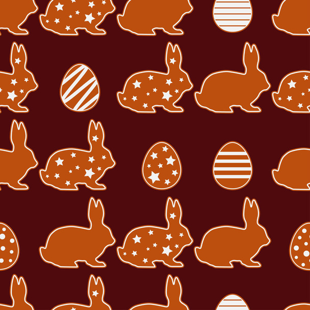 Seamless Happy Easter vector pattern. Figures from gingerbread on a brown background. Festive spring. Can be used for wallpaper, textile, invitation card, wrapping, web page background. - Вектор,изображение