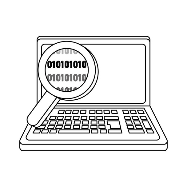 outline laptop technology with magnifying glass and data code - Vector, Image