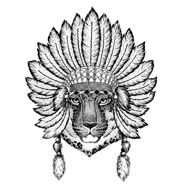Un animal sauvage portant une coiffe inidan avec des plumes. Illustration de style chic Boho pour tatouage, emblème, badge, logo, patch. Vêtements enfants
. - Vecteur, image