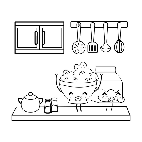 Keuken en voedsel kawaii cartoons in zwart-wit - Vector, afbeelding