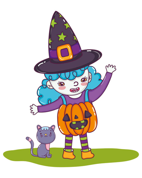 kostým dýně dívka klobouk s kočkou - Vektor, obrázek
