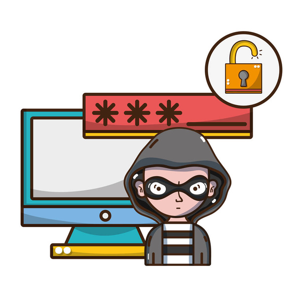 Cyberveiligheid bedreiging cartoon - Vector, afbeelding
