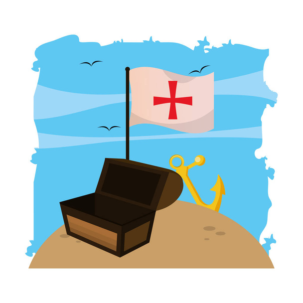 деревянный сундук с флагом креста и якоря
 - Вектор,изображение