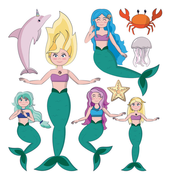 Set van zeemeerminnen cartoons - Vector, afbeelding