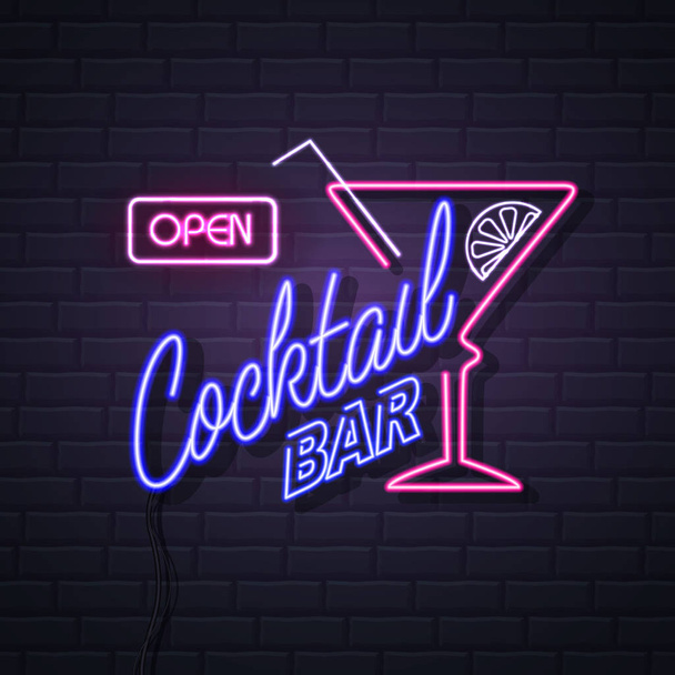 Neon sign cocktail bar on brick wall background. Vintage electri - Vector, Image