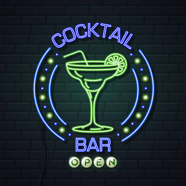 Neon sign cocktail bar on brick wall background. Vintage electri - Vector, Image