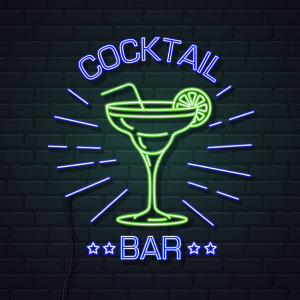Neon sign cocktail bar on brick wall background. Vintage electri - Vecteur, image