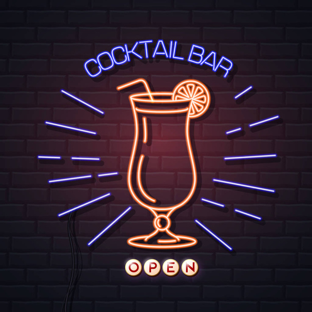 Neon sign cocktail bar on brick wall background. Vintage electri - Vettoriali, immagini