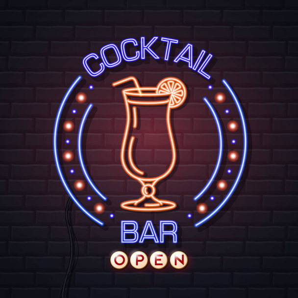 Neon sign cocktail bar on brick wall background. Vintage electri - Vetor, Imagem